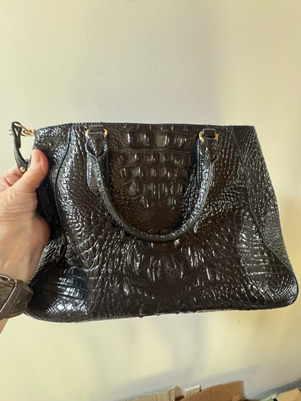 Brahmin Black Croc-Embossed Patent Leather Melbourne Satchel with Gold Accent - Picture 6 of 7